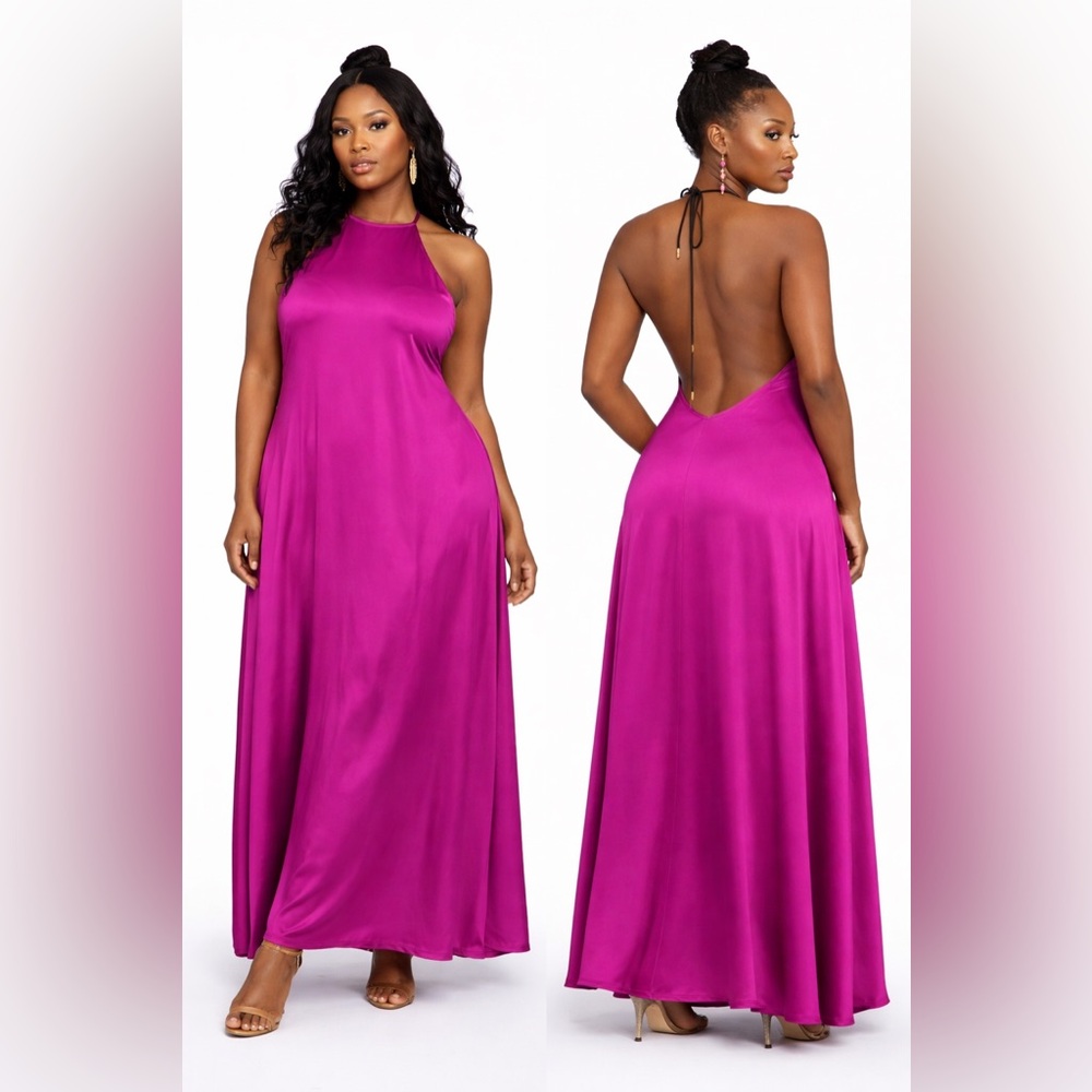 Magenta Satin Halter Maxi (Backless) – Size 2XL Boutique